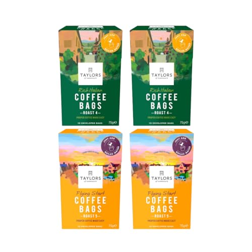 Ground Coffee Bundle Containing Taylors of Harrogate Rich Italian 75g Coffee Bags x2 and Flying Start 75g x2 (4 Pack)
