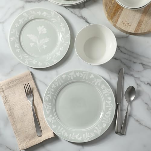 Martha Stewart Dinnerware Set - Maiden Crown 12-Piece Dish Set, Sage Green – New Bone China Ceramic Plates & Bowls – Floral Design – Service for 4 – Microwave & Dishwasher Safe by Martha Stewart - Used condition - Image 8