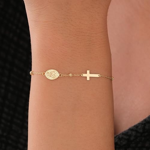 Image of MIONZA Catholic Medal Cross Bracelet for Women | 14K Gold Plated or Solid Gold, Religious Rosary Jewelry, Choose Your Saint Medal Bracelet