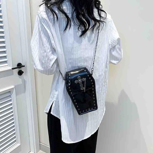 Image of Gothic Rivet Coffin Shape Crossbody Bag, Women's Studded Cross Transparent Shoulder Bag, Novelty Vintage Punk Phone Purse