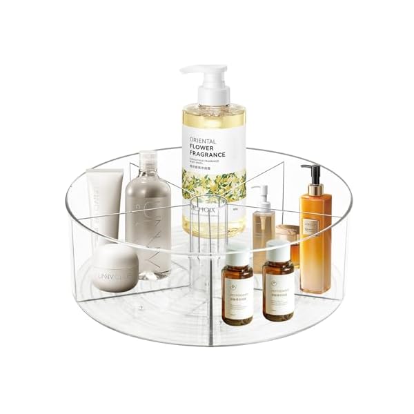 360° Rotating Makeup Organizer 11.5" Clear Turntable Lazy Susan Organizer for Vanity, Bathroom Counter, Pantry, Cabinet, Spinning Cosmetic Storage Holder with 5 Dividers for Skincare, Makeup Brushes