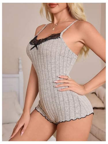 SOLY HUX Women's Lace Trim One Piece Sleepwear Spaghetti Strap Cami Romper Pajamas Loungewear3