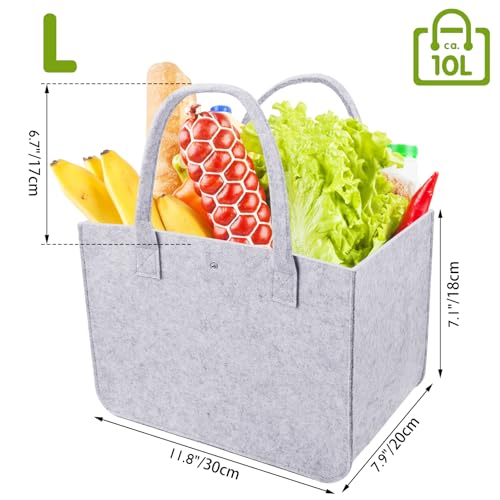 PUWOWYE 2 Stück Filztaschen Shopper, Filztasche, Faltbar Tragetasche Shopping Bag, Tasche Filz zur Spielzeug, Einkaufen, Ausgehen, Aufbewahrung, 30x18x20cm, Hellgrau Schwarz