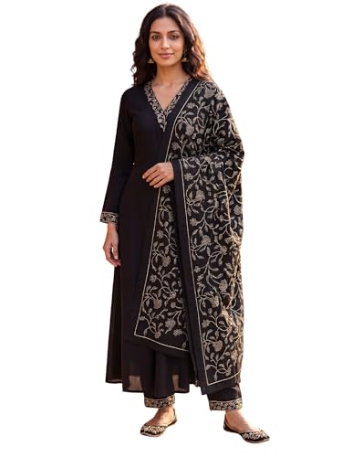 Image of Vaamsi Women's Georgette Embroidered Flared Angrakha Pant With Dupatta With Inner