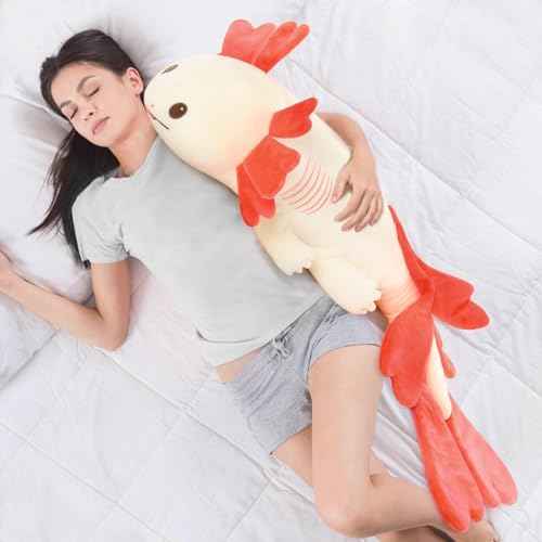 Image of MaoGoLan 44 inch Axolotl Stuffed Animal, Giant Glow in The Dark Axolotl Plush Stuffy for Girl Boy Kid, Long Pink Love Heart Salamander Plush Body Pillow for Birthday, Baby Shower Decor