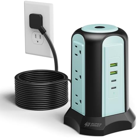 15Ft Long Extension Cord Power Strip Tower Surge Protector, Desktop Charging Station with Multiple Outlets, 9 Outlets, 4 USB (2 USB-C), 1080J Multiple Protections Outlet Extender for Home Office Blue