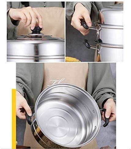 Zestaw naczyń do gotowania na parze 3-poziomowy ze stali nierdzewnej, kuchenka indukcyjna, kuchenka gazowa, garnek do gotowania o dużej pojemności (26 cm) (30 cm)