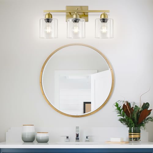 Image of Modern Brushed Gold 3 Light Bathroom Light Fixtures, 19 inch Vanity Lights for Bathroom with Clear Glass, Bathroom Lighting Fixtures Over Mirror for Mirror Kitchen Living Room