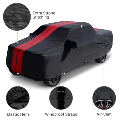 Image of Coverland Custom Truck Cover for 2011-2026 RAM 2500, 3500 Crew Cab, 6.4 ft. Regular Bed, Waterproof & Wind Protection, All Weather Covers for UV, Rain, Snow Protector, Stripe(Black /Red)