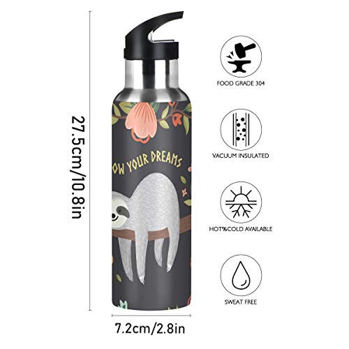 Sloth Brown Tree Blossom Floral Water Bottle With Straw Lid Thermos Kids Insulated Stainless Steel Water Flask Sports, 20 Oz Hot Cold #TOP2