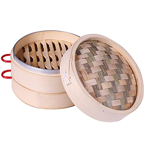 Bamboo Steamer, 2 Tiers Chinese Food Steamers, With anti-scalding handle Traditional Design Healthy Cooking for Dumplings, Vegetables, Chicken, Fish - Handmade Steam Basket 2-Tiers with Lid,22cm