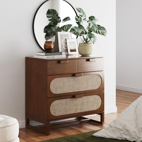 Image of Nathan James Paxton Mid-Century Modern Dresser for Bedroom, 3-Drawer Dresser with Solid Wood Frame and Textilene Rattan Accent, Dark Walnut