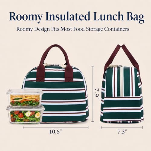 Image of LOVELYWIND Lunch Box for Women, Insulated Lunch Bag, Green Striped Tote