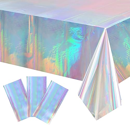 3 Pack Iridescence Plastic Tablecloths Shiny Disposable Laser Table Covers 54 x 108 Inch Sparkle Holographic Foil Tablecloth Iridescent Bridal Wedding Christmas Birthday Party Decoration (3, Laser)