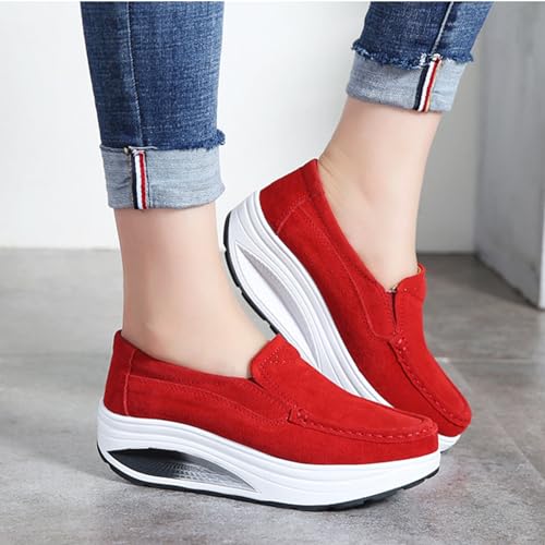 Image of Aceptolcom Women's Red Suede Platform Wedge Loafers, Casual Comfort Good Arch Support Slip On Shoes, Size 4.5-9.5