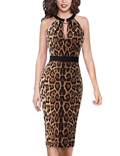 Vfshow Womens Black And Leopard Print Halter Neck Keyhole Cocktail Party Pleated Ruched Slim Fitted Bodycon Pencil Dress 9249 Leo M #TOP24