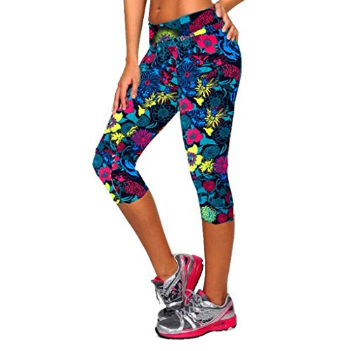 MRULIC Women's Yoga Trousers Women's Running Capris Ladies Fashion Casual Floral Print Comfortable Fitness Cropped Trousers Women's Leggings Women's Sports Trousers (Blue,L)