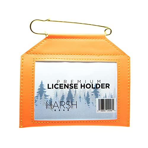 Harsh Gear Weatherproof License Holder with Pin Included Perfect for Hunting Fishing Archery Tags and Permits Clear Window Premium Quality Hand Stitched Synthetic Leather (Orange) LH001