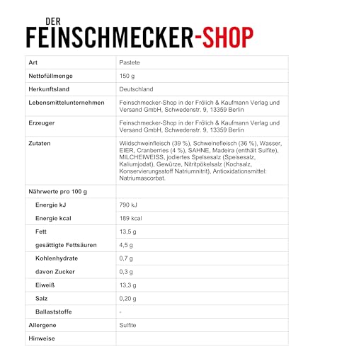 Der Feinschmecker Wildschweinpastete Cranberrys 150g I Hochwertiges Wildschweinfleisch I Mit Madeira & Sahne verfeinert