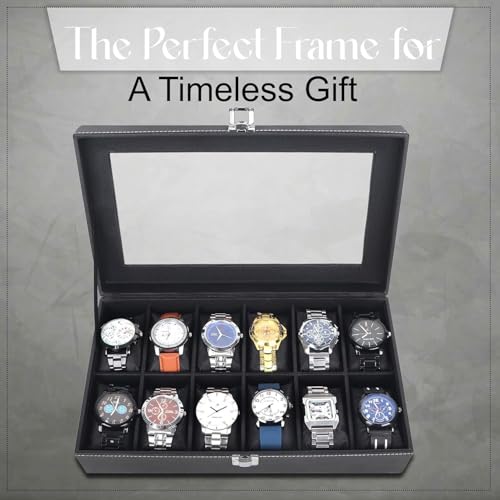 Image of Luxury Leather Watch Organizer with Glass Display | 12 Slot Watch Box Case for Men & Women | Premium Watch Storage Display Case | Travel Ready Watch Storage Box | Gift item (Watch Not Included)