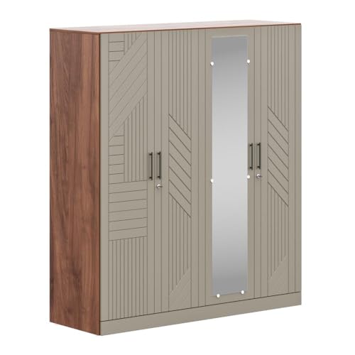 Image of Wakefit Tyrian Plus 4 Door with 4 Shelves 2 Drawers 2 Hanging Areas 1 Mirror SH2-Carcass: Columbian Walnut Shutter: Creamy Brown