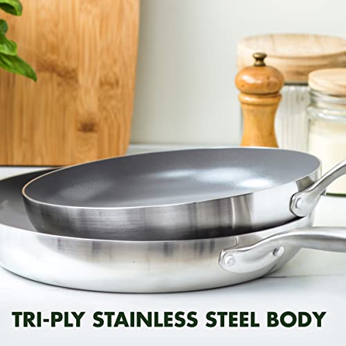 GreenPan Chatham Tri-Ply Stainless Steel Healthy Ceramic Nonstick 10" and 12" Frying Pan Skillet Set, PFAS-Free, Induction Suitable, Dishwasher Safe, Silver - Image 5
