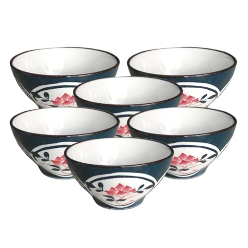 Image of Lellow Premium Ceramic Bowl Set of 6 - Handcrafted Blue Rose Print Bowls for Soup, Noodles, Snacks & Desserts - Microwave & Dishwasher Safe, 300ml