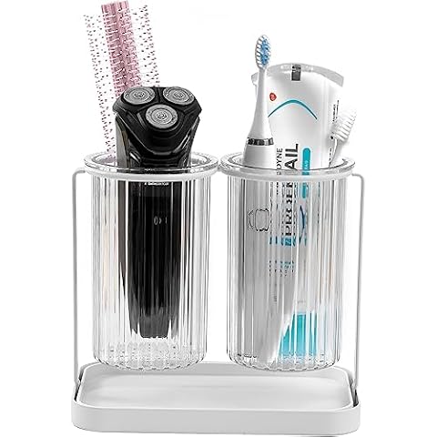 Toothbrush Holders with Drain Tray, 2 Slots Hanging Toothbrush and Toothpaste Holder Organizer Bathroom Caddy Countertop for Toothpaste, Razors, Electric Toothbrush - Clear Cover