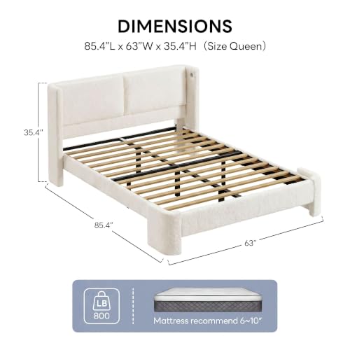 Image of LIKIMIO Queen Bed Frame with USB Ports & Wingback Headboard, Cream White | Boucle Upholstered Platform Bed, Sturdy Slat Frame, No Box Spring Needed, Fits Living Room and Apartment.