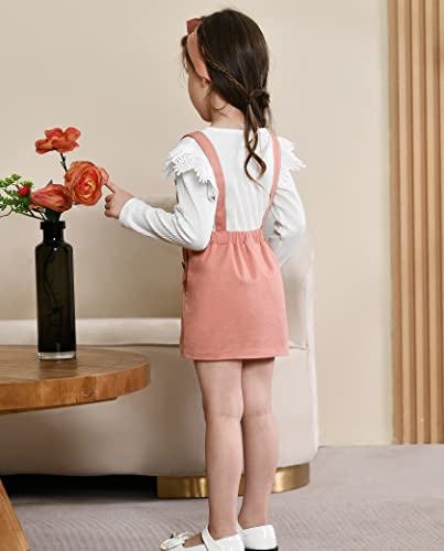 Image of Weixinbuy Toddler Girl Fall Clothes Lace Fly Sleeves Ribbed T-shirt+Suspender Skirt+Headband Winter Outftts Clothing Set 1-6T