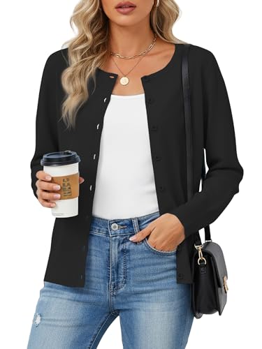 NILOUFO Women's Cardigan Sweaters Button Down Long Sleeve Soft Lightweight Knit Business Casual Work Dressy Cardigan - Black, Large