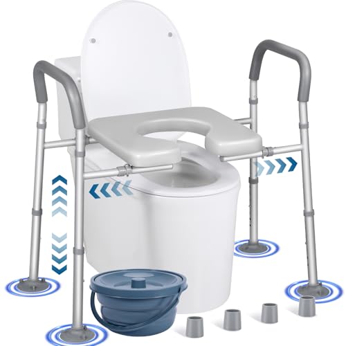 LOLLIDO 500lbs Raised Toilet Seat with Handles - Width & Height Adjustable Elevated Toilet Seat Risers for Seniors Elongated - Multi-Use Toilet Riser with Handles (with Bucket)