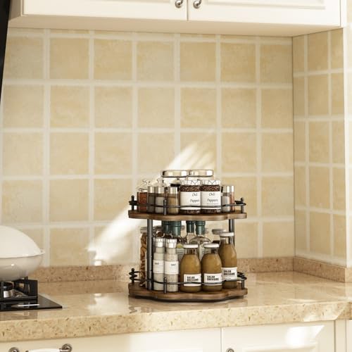 Image of 2 Tier Lazy Susan Organizer,2-Tier Spinning Spice Rack with Stable Carousel Base & 4 Height Settings for Cupboard Kitchen Countertop Dining Table Cupboard (Two-Ply(Petal Shape))