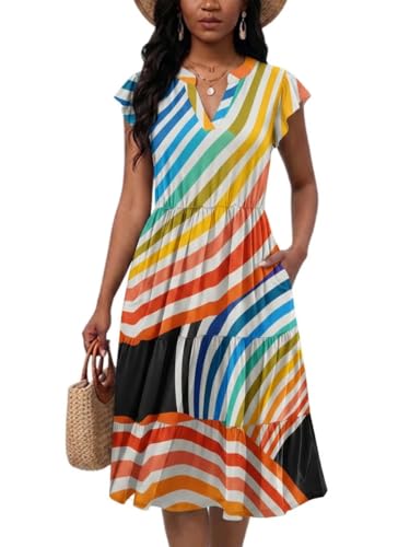 Image of Womens Summer Dress Ruffle Sleeve V Neck Midi Dresses Casual Fit Flowy Tiered Boho Beach Vacation Sundress