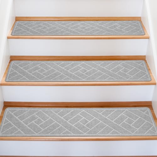 Image of OXKVPVF 15 Pack 8 "X 30" Non-Slip Carpet Stair Treads for Indoor Wooden Steps, Made of Polyester and Reusable Adhesive, Suitable for Kids Elders and Pets（Light Grey Lines）