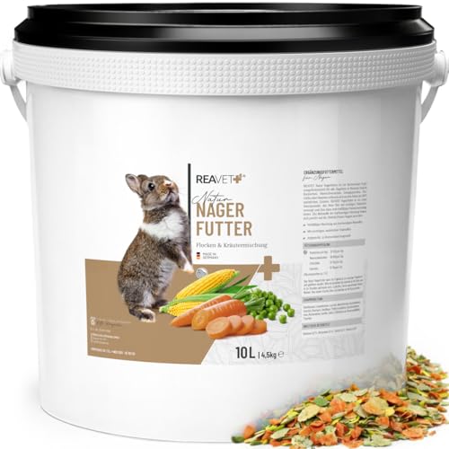 ReaVET Natur Nagerfutter 10 L Kaninchenfutter Meerschweinchenfutter auch für Hamster & Mäuse I Artgerecht mit Gemüseflocken Kräutern Getreide & Luzerne I Ohne künstliche Zusätze