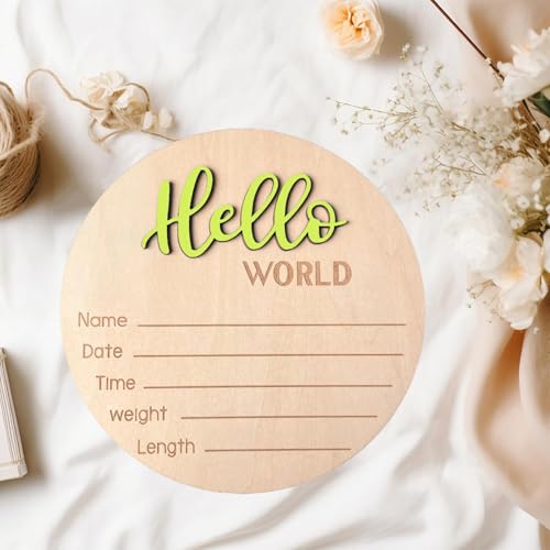 Image of Baby Announcement Sign, 5.9 Inch Wooden Hello World Newborn Signs, Birth Announcement Sign, Baby Shower Hospital Nursery for Newborn Boys and Girls (Wilderness Green)