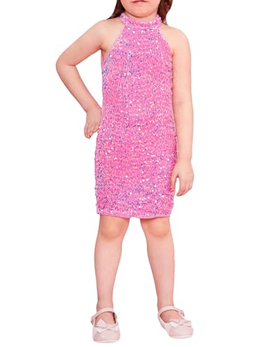 WDIRARA Girl's Glitter Sequin Beaded Halter Neck Evening Dress Sleeveless Bodycon Party Mini Pencil Dresses