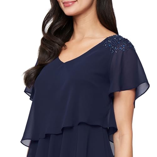 Image of S.L. Fashions Women's V-Neck Chiffon Cocktail Dress with Beaded Shoulders and Asymmetrical Tiers (Petite and Regular Sizes)