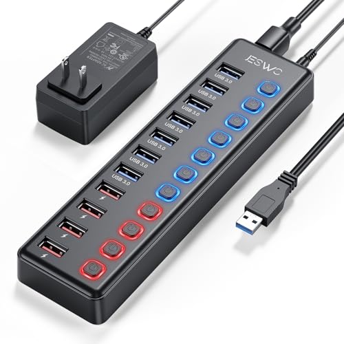 Powered USB Hub, JESWO 11-Port USB 3.0 Hub (7 Data Transfer Ports + 4 Smart Charging Ports) with Individual LED On/Off Switches, USB Hub Powered with 12V/3A Power Adapter for Mac, PC