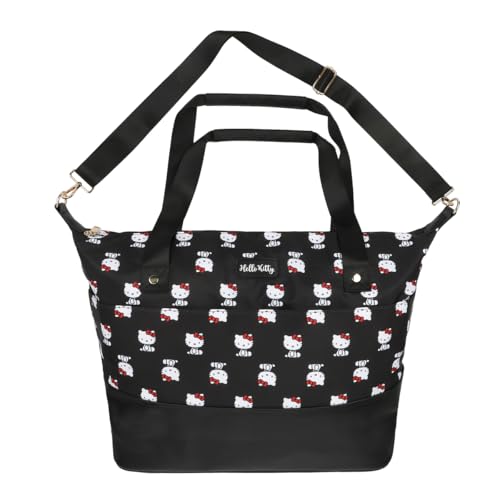 Bioworld Hello Kitty Black Nylon Tote Multi-Pocket Travel Bag with Adjustable Strap & Trolley Sleeve
