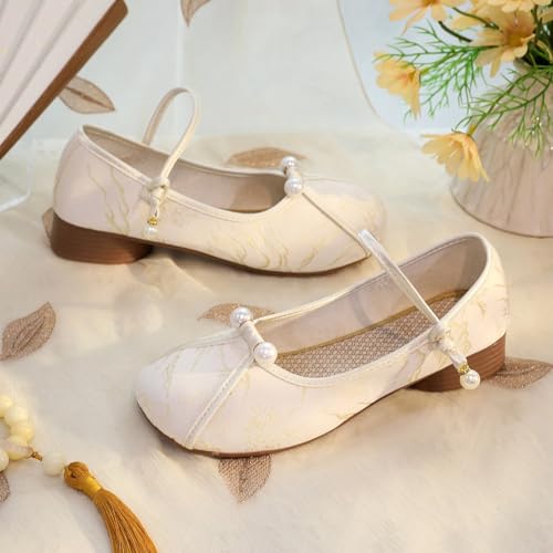 2025 Women's Chinese Style Hanfu Embroidered Shoes Elegant Pearl Low Chunky Heel Mary Jane Shoes Casual Comfort Ankle Strap Shoes Cheongsam Walk Show Yoga Ballet Shoes3