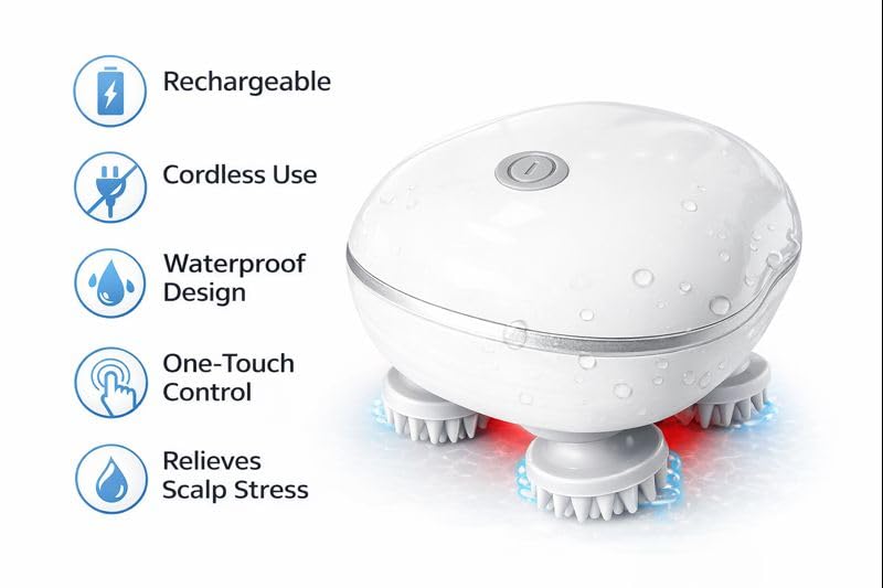 Image of CalmFlex Electric Scalp Massager, 96 Silicone Kneading Points with Detachable Heads, Rechargeable Cordless Head and Body Massager
