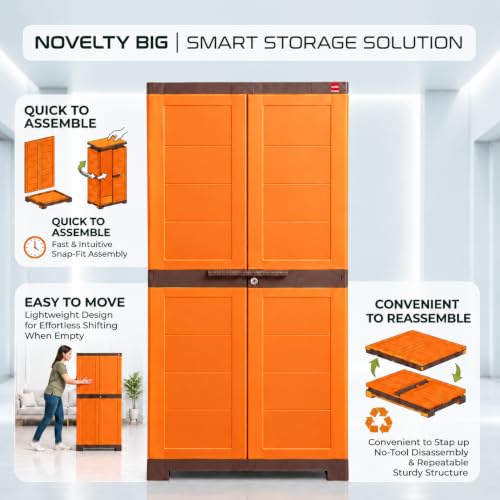 Image of Cello Novelty Big Plastic Cabinet with Dustproof Doors| 3 Year Warranty | Almirah, Cupboard, Wardrobe for Home, Living Room, Bedroom, Kitchen, Office, Outdoor| Orange & Brown Colour