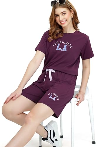 Image of ZEYO - Women's Cotton Typography Printed Night Suit Pajama Set of Top & Shorts