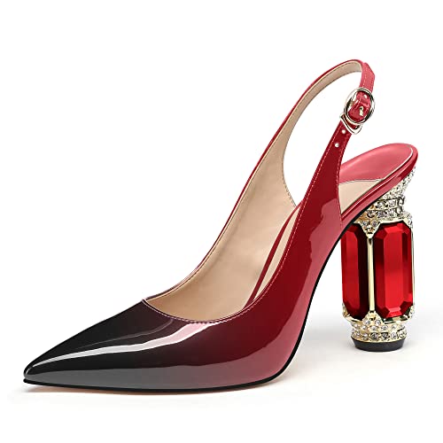 Image of JANSEVEN Women Chunky Heels Pumps Crystal Block Heels with Rhinestones Pointed Toe Sexy Gradient Patent Leather Slip on Bridal Party Wedding Dress Shoes 5-13 M US