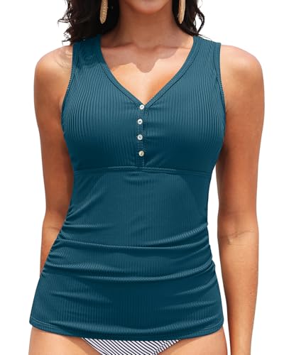 Image of Tankini Tops for Women Tummy Control Swimwear Top Only No Bottom | Scoop Neck, Adjustable Straps, Ruched Stomach, Removable Cups, Available in Plus, No Bottom, Full Lining