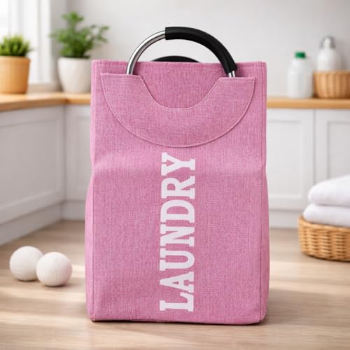 Image of DecorTwist Structured Fabric Laundry Basket with Metal Handles | 40 Litre Large Carry Basket for Clothes Toys & Storage | Foldable & Multipurpose | L40xW26xH38 cm | Pink