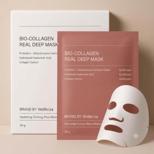 Image of Bio-Collagen Real Deep Sheet Mask for Hydrating and Firming Skin | Face Mask for Glowing Appearance and Pore Care with Hyaluronic Acid and Probiotics | Suitable for All Skin Types, 34g