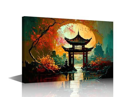 Tableau asiatique pavillon sous la lune, une invitation à la sérénité intérieure
